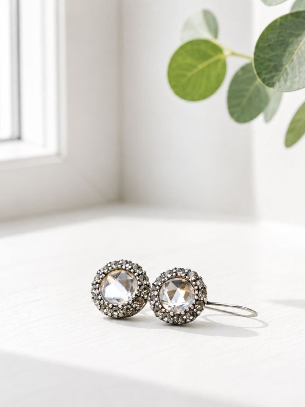 Round Crystal Drop Earrings With Marcasite Halo - Vintage Style Silver-Tone 2cm